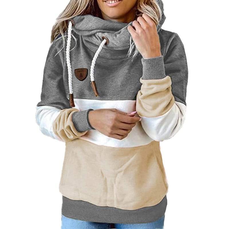 Winter women Contrast Stitching hooded Turtleneck Casual Solid Long 