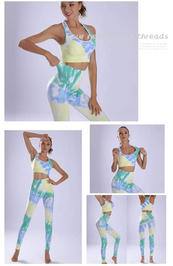 Women Yoga Sportswear Seamless Running Suits Green+ Blue Tie Dye Gym 