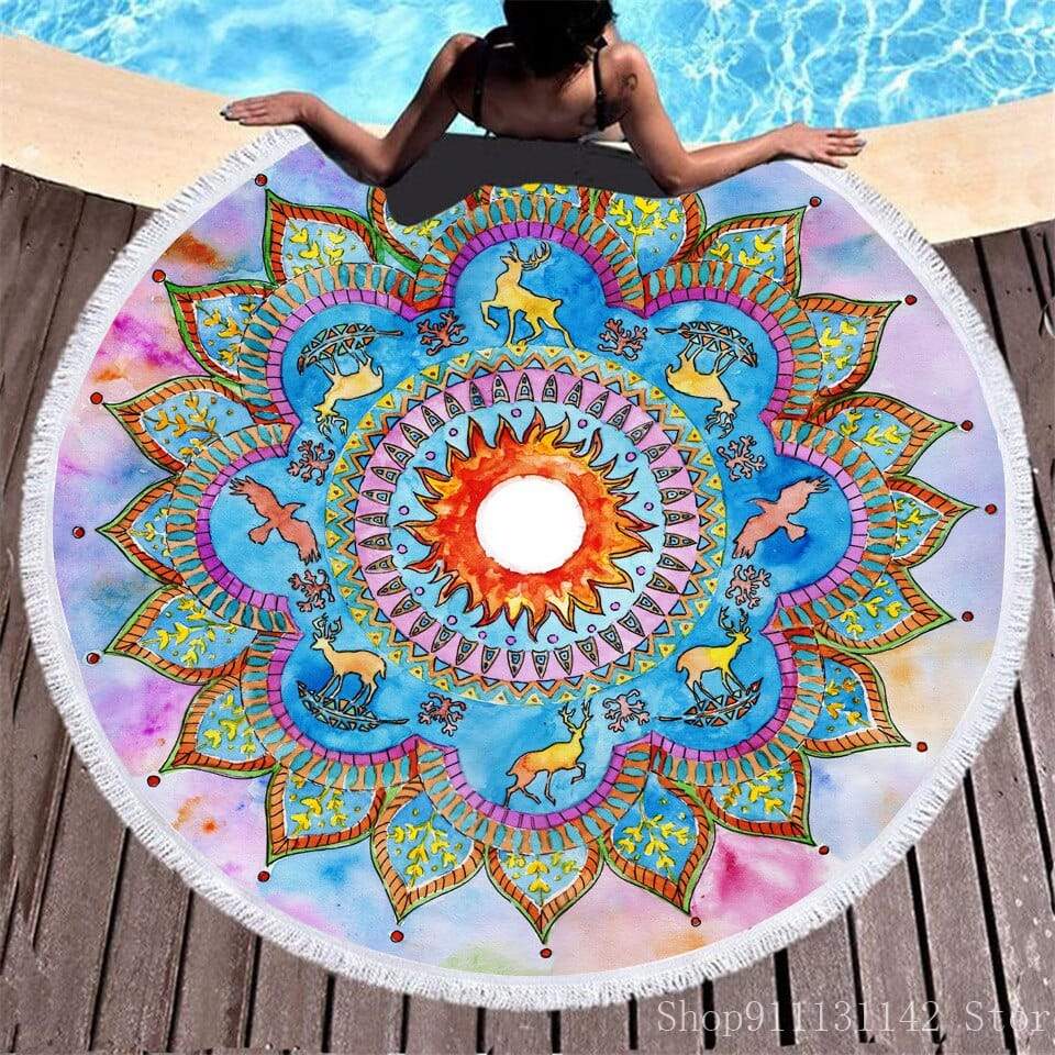 3d Bohemian Tai Chi Animal Digital Print Round Ribbon Beach Towel