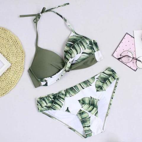 Plus Size Floral Brazilian Swimsuit - Bikini Set - Leaf Print Swimwear