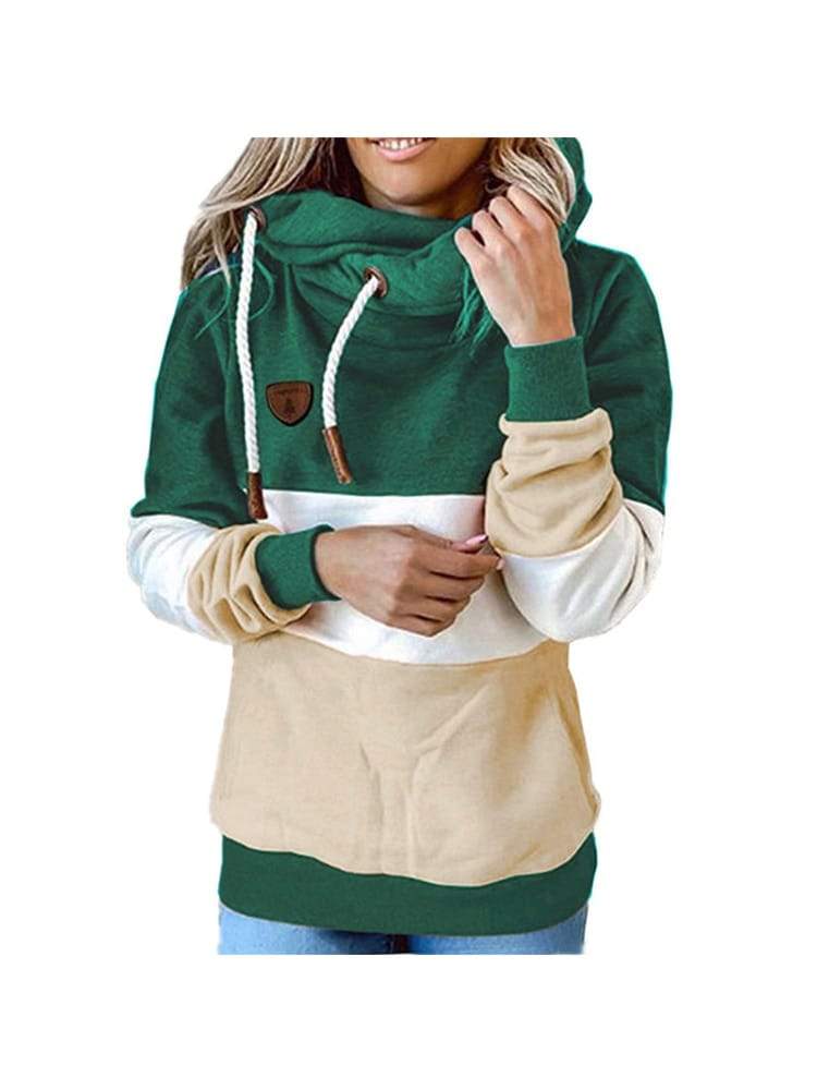 Winter women Contrast Stitching hooded Turtleneck Casual Solid Long 