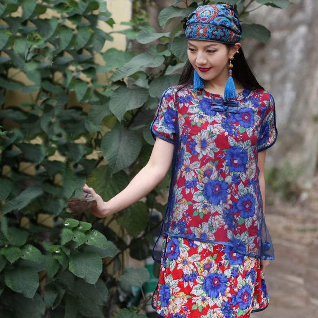 Mexican Style Ethnic Vintage Embroidery Flowers Bandannas Red Print 