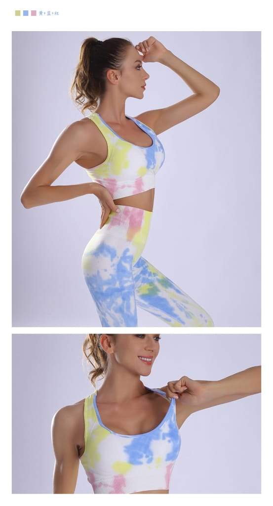 Women Yoga Sportswear Seamless Running Suits Green+ Blue Tie Dye Gym 