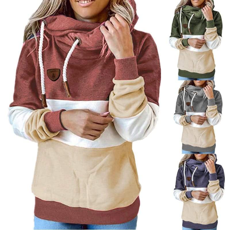 Winter women Contrast Stitching hooded Turtleneck Casual Solid Long 