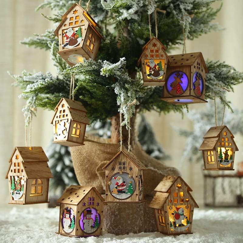 Festival Led Light Wood House Santa Claus Christmas Tree Decorations