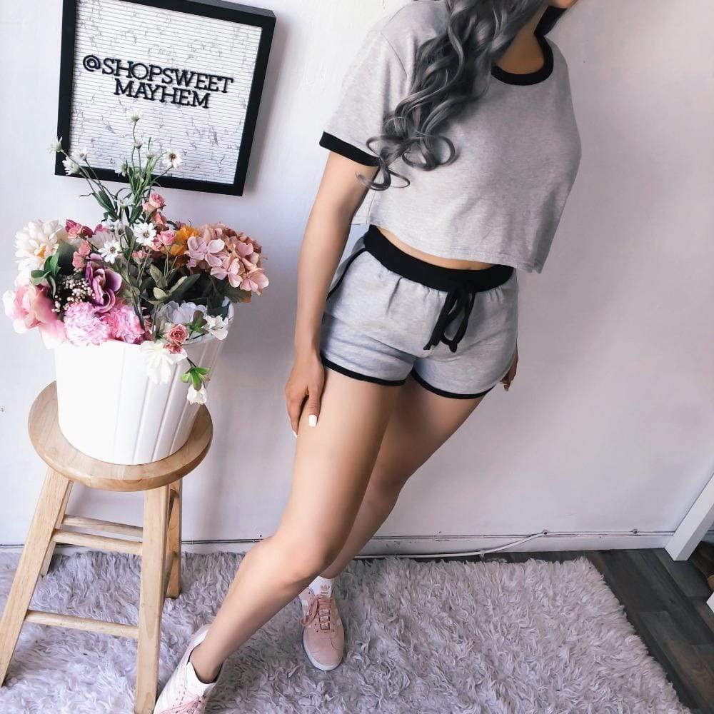 Cotton Solid Splice Loose Short Sleeve Cropped Tops+Shorts