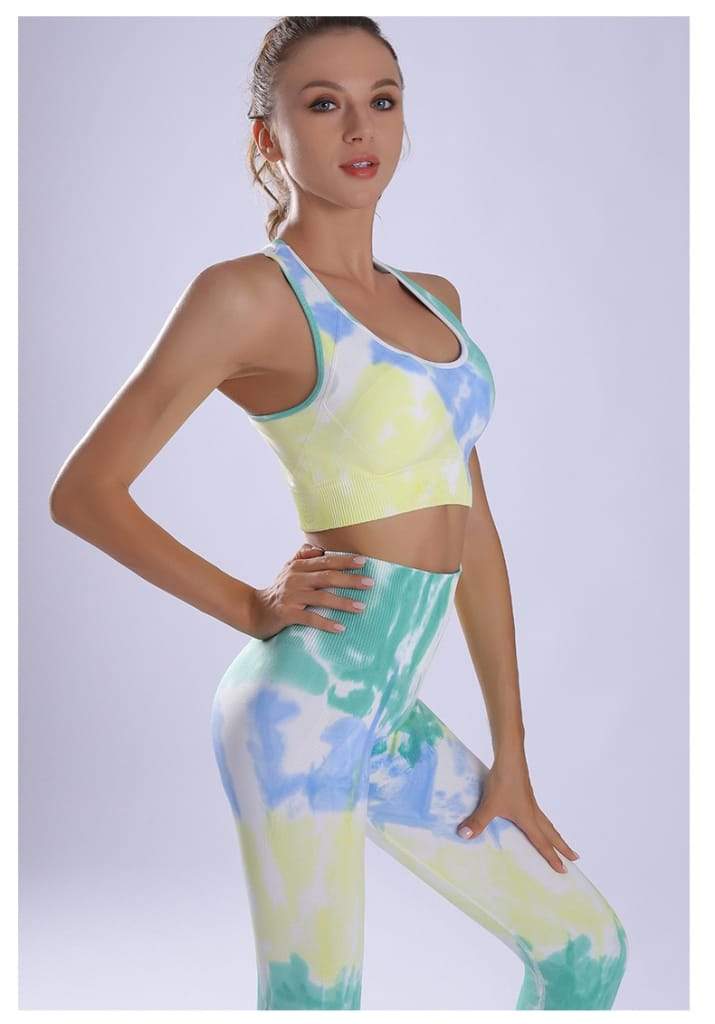 Women Yoga Sportswear Seamless Running Suits Green+ Blue Tie Dye Gym 