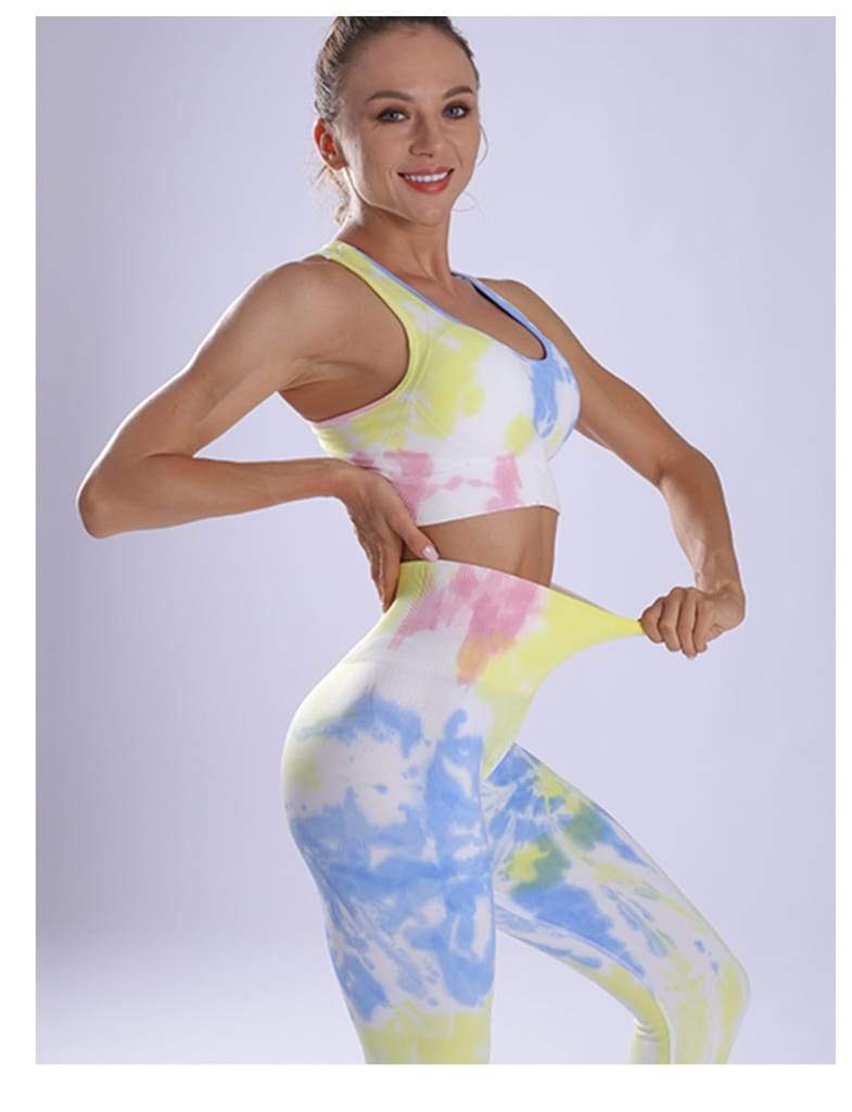 Women Yoga Sportswear Seamless Running Suits Green+ Blue Tie Dye Gym 