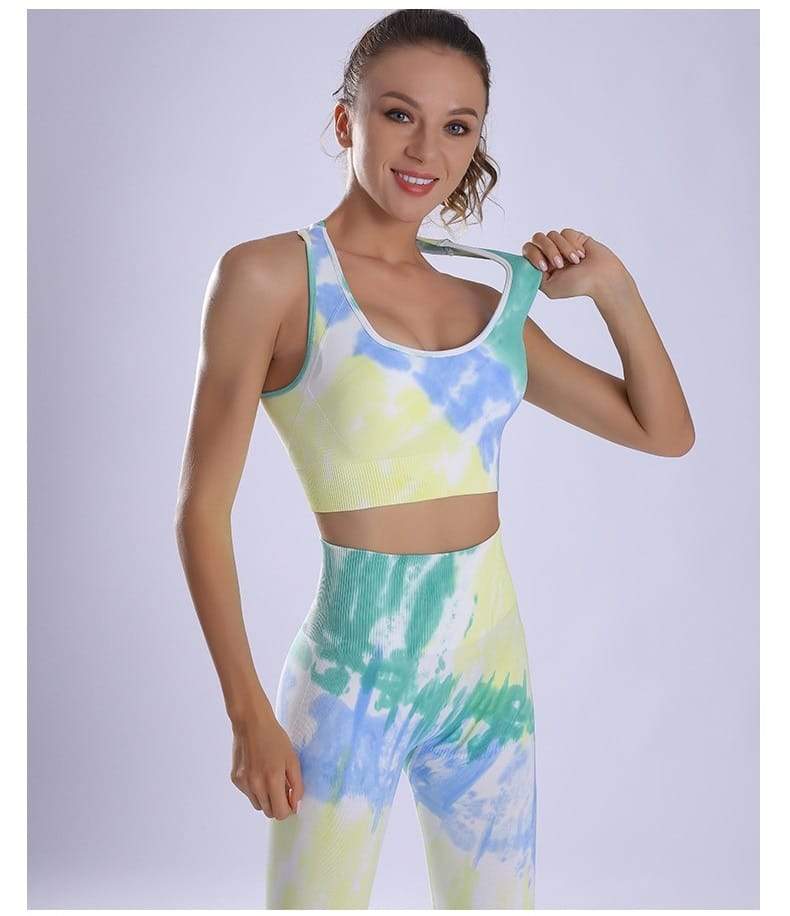 Women Yoga Sportswear Seamless Running Suits Green+ Blue Tie Dye Gym 