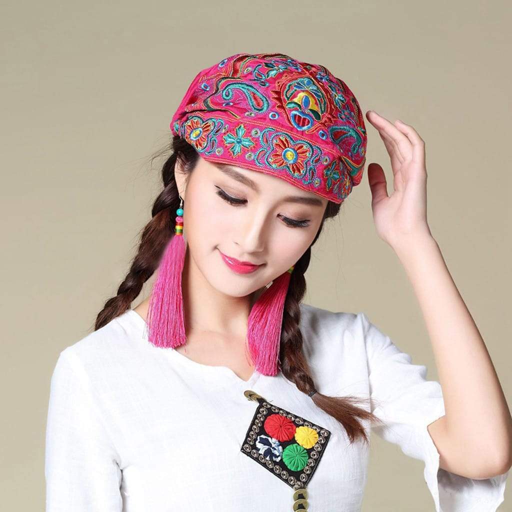 Mexican Style Ethnic Vintage Embroidery Flowers Bandannas Red Print 