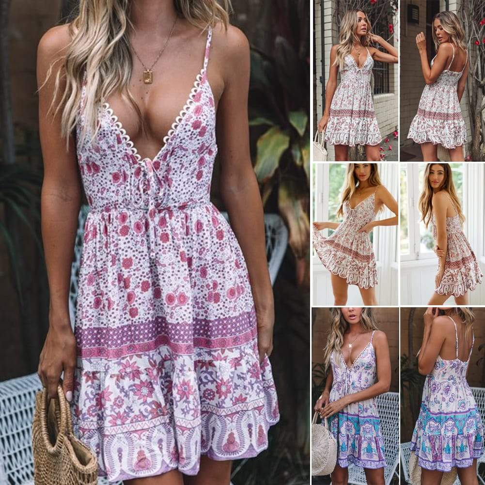 Summer Boho Sexy Chiffion Mini Dress 2019 Fashion Women Deep V-neck 