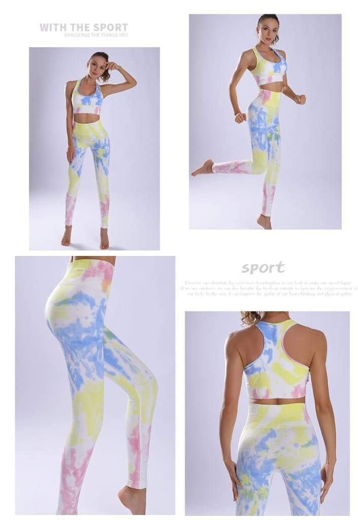 Women Yoga Sportswear Seamless Running Suits Green+ Blue Tie Dye Gym 