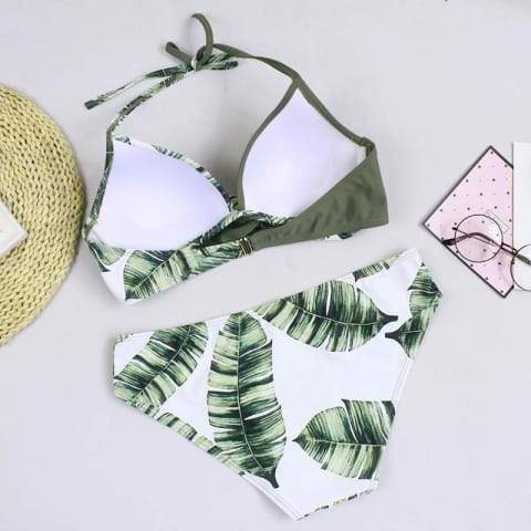 Plus Size Floral Brazilian Swimsuit - Bikini Set - Leaf Print Swimwear