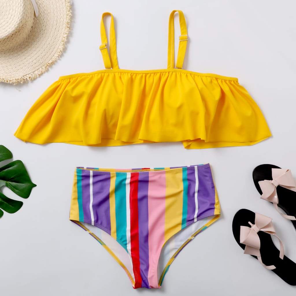 Plus Size Swimwear Women Rainbow Stripes Ruffles Bikini Set Oversize 