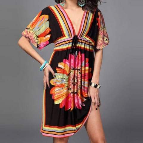 Sexy Summer Soft Women V Neck Flower Print Beach Dress Cover-Ups 