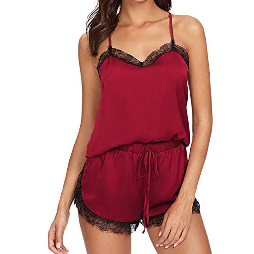 Walang-Sleeveless Strap Lace Trim Satin Cami Top Nightwear Femme Sexy Summer