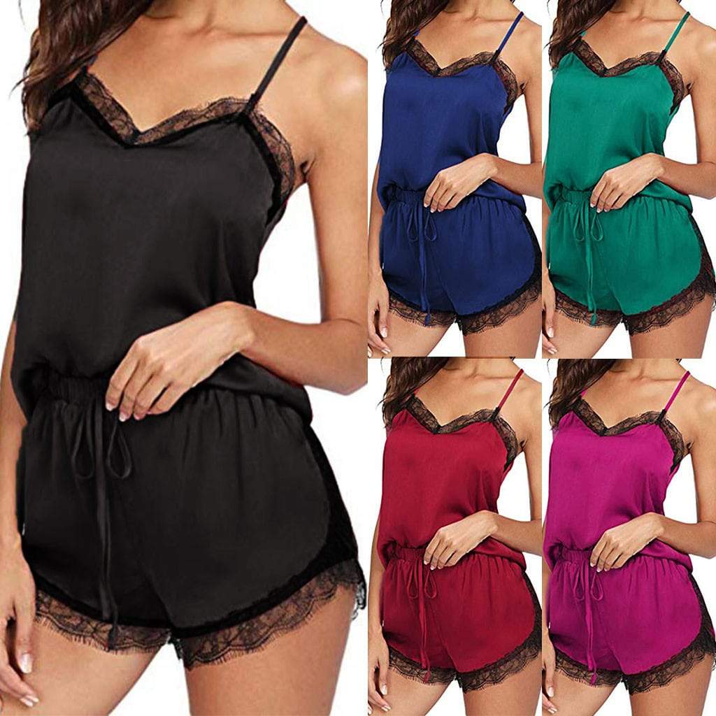 Sleeveless Strap Lace Trim Satin Cami Top Nightwear Femme Sexy Summer 