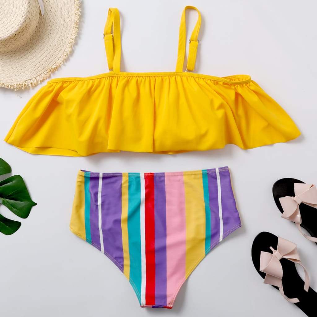 Plus Size Swimwear Women Rainbow Stripes Ruffles Bikini Set Oversize 