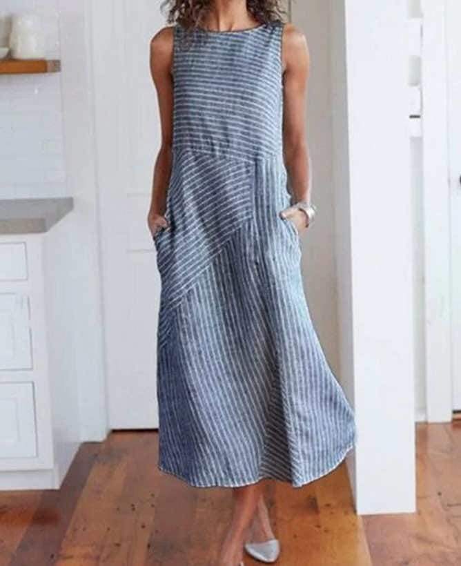 Casual Maxi Dress Sleeveless Linen Women Long Summer Striped Cotton 