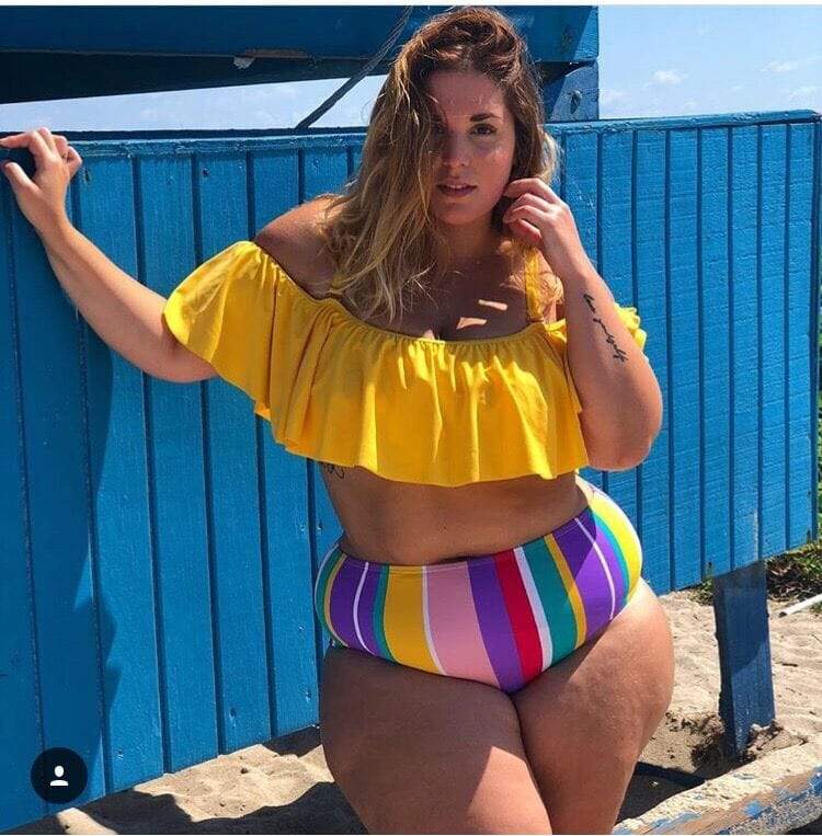 Plus Size Swimwear Women Rainbow Stripes Ruffles Bikini Set Oversize 