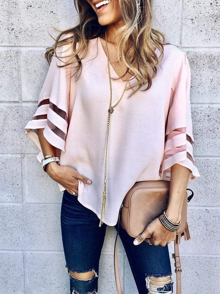 Women Casual Loose V Neck Kimono Chiffon Blouse Lady Summer Half 