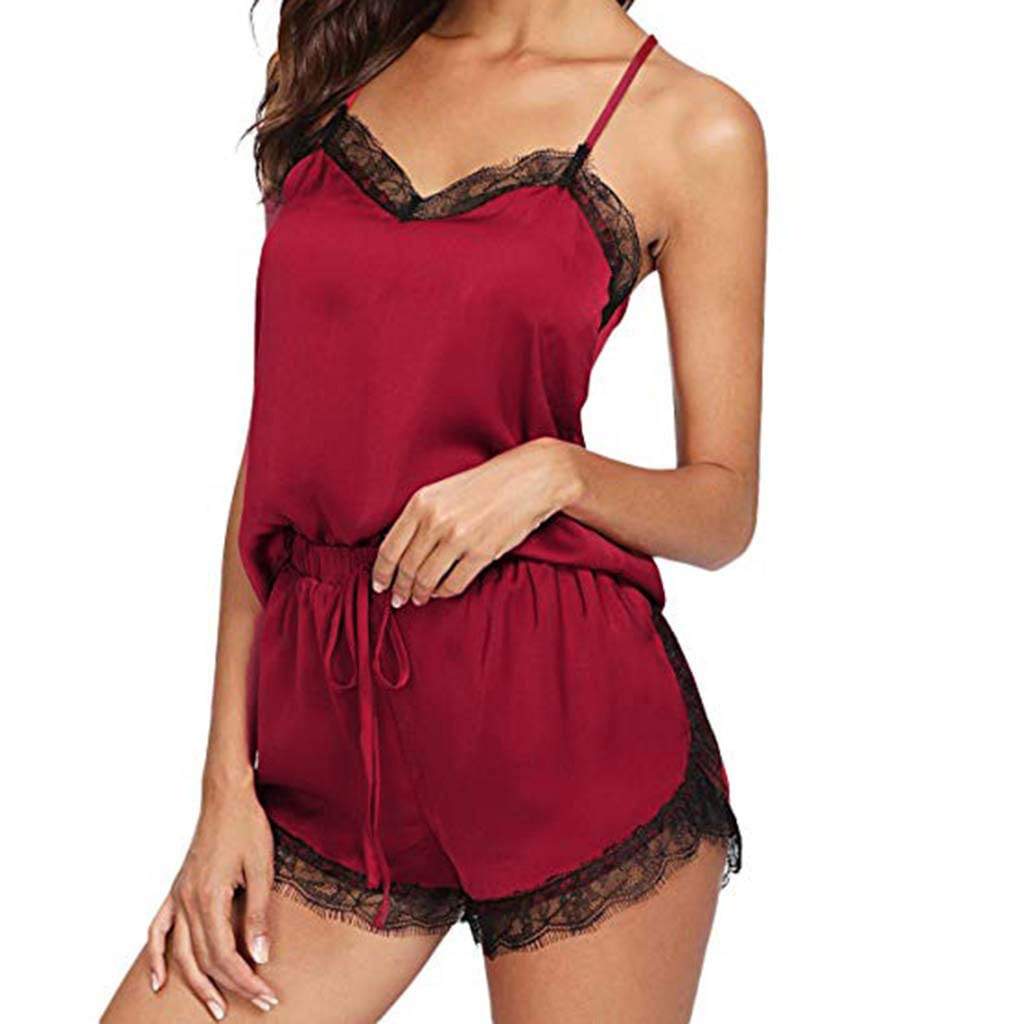 Walang-Sleeveless Strap Lace Trim Satin Cami Top Nightwear Femme Sexy Summer