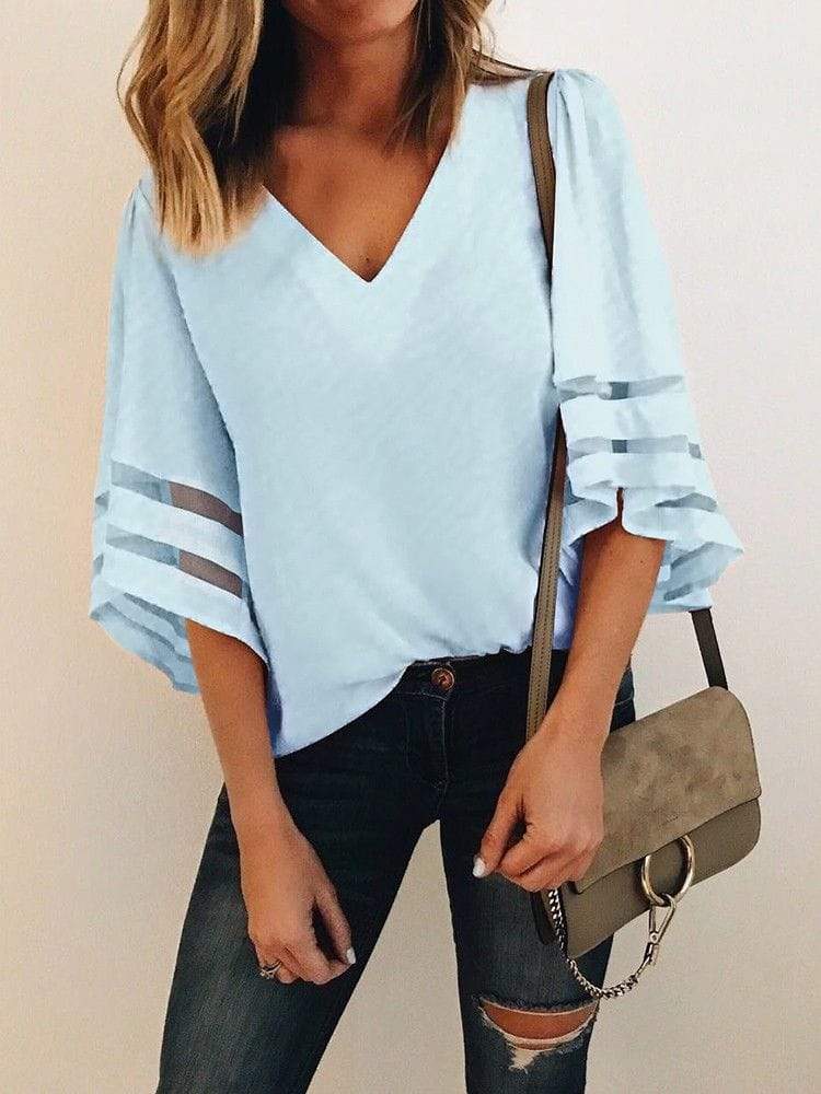 Mujer Casual Suelto Cuello en V Kimono Blusa de gasa Dama Verano Medio