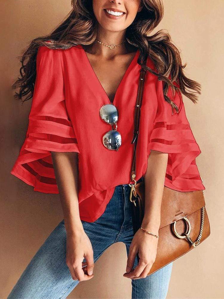 Women Casual Loose V Neck Kimono Chiffon Blouse Lady Summer Half 