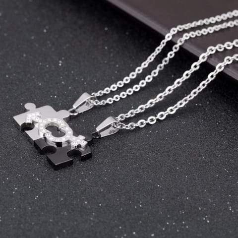 2 pcs Set Stainless Steel Puzzle Piece Pendant and Necklace for 