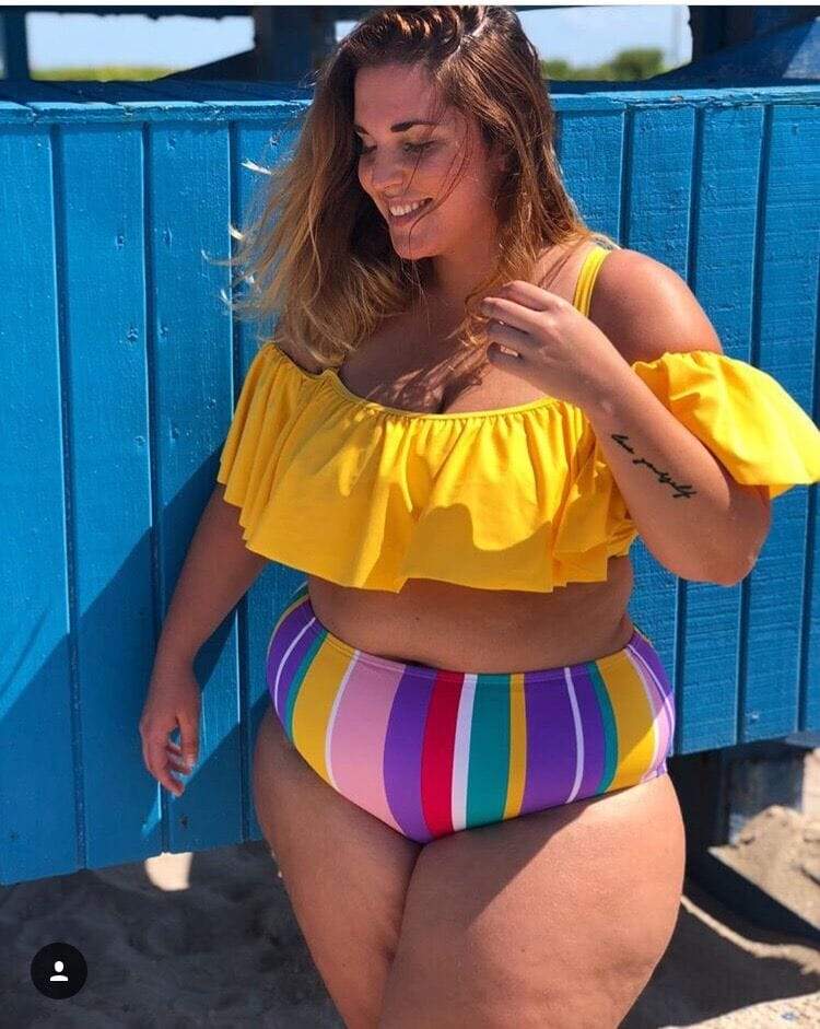 Plus Size Swimwear Women Rainbow Stripes Ruffles Bikini Set Oversize 