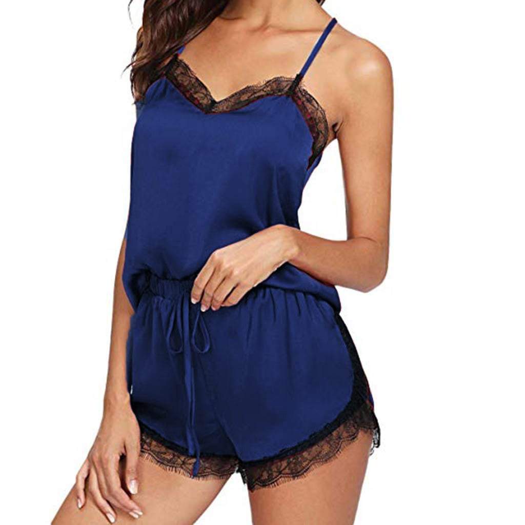 Sleeveless Strap Lace Trim Satin Cami Top Nightwear Femme Sexy Summer 