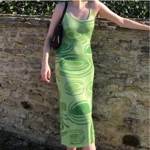 Print Knit Bodycon Dress Women Green Y2K Summer Hollow Out Sexy 