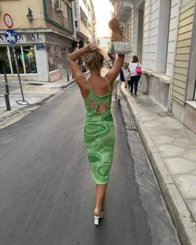 Print Knit Bodycon Dress Women Green Y2K Summer Hollow Out Sexy 