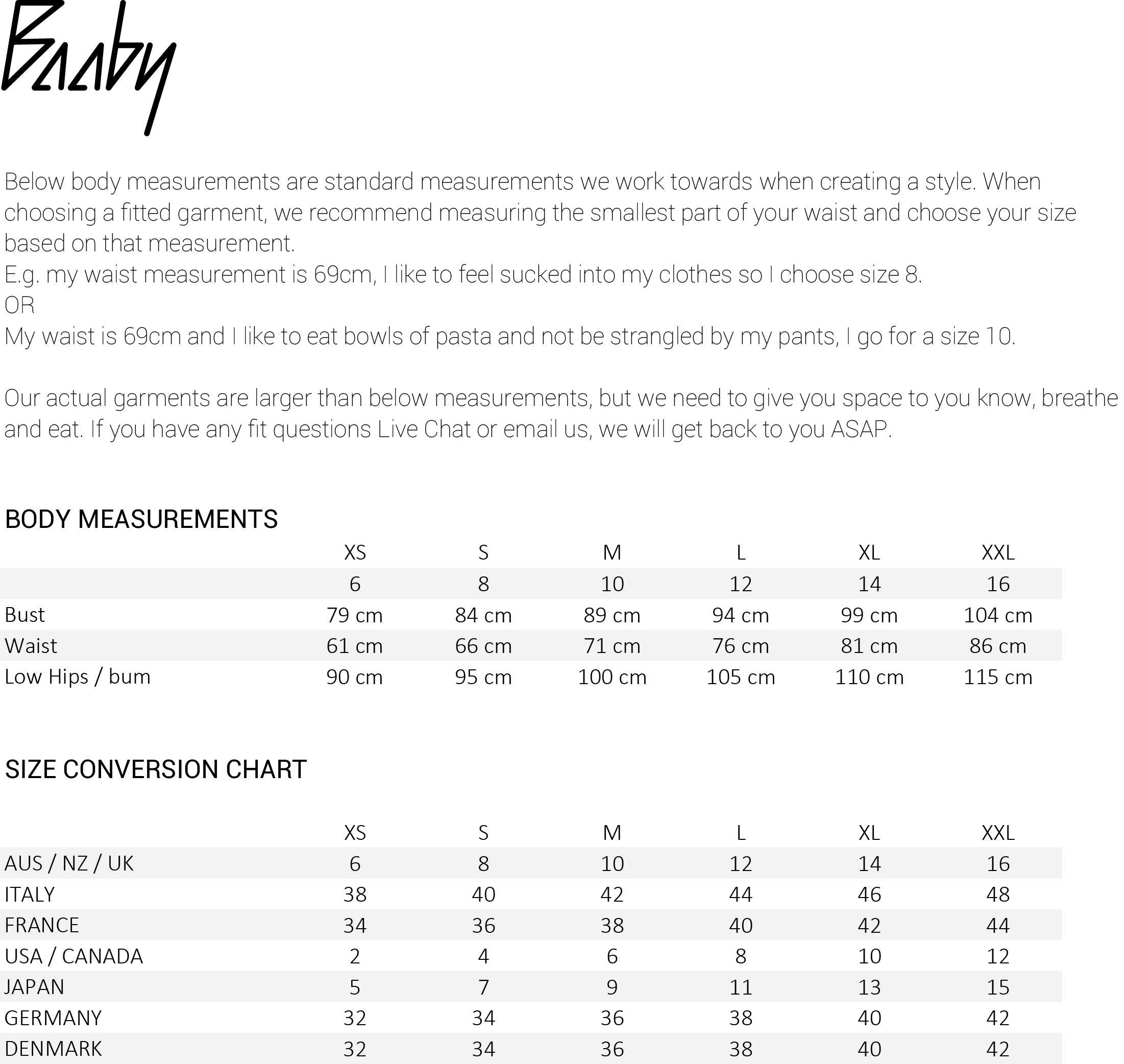 Biba Size Chart