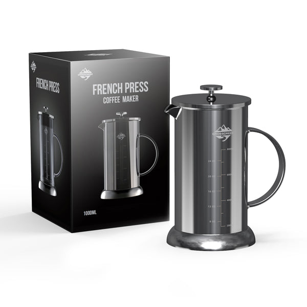 Ahosoutly French Press Coffee Maker,304 Stainless Steel French Press Espresso with 4 Level Filter,Stainless Steel Plunger and Cold Brew Heat