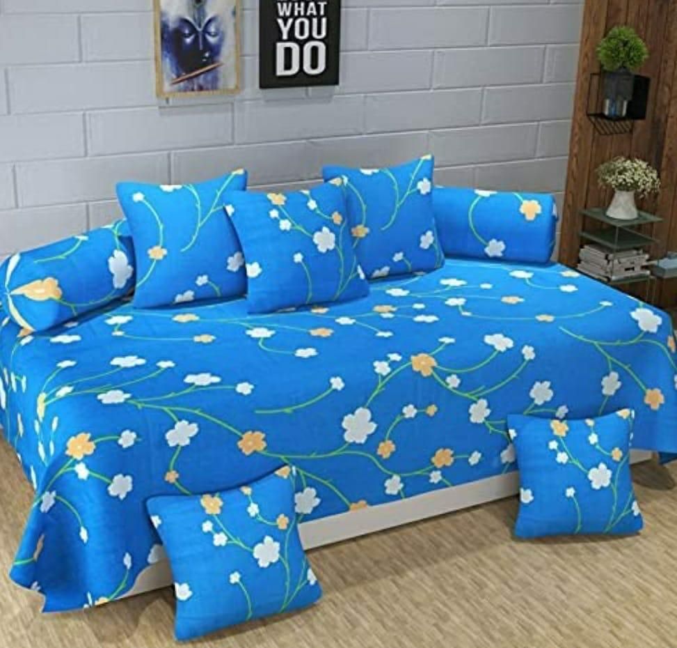 Glace Cotton Printed Diwan Set Bedsheet And Cushion Cover - 60" X 90" Inches / Blue - Shopaholics