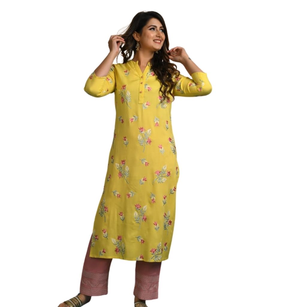 Embroidered Kurti With Paint For Women - M / Yellow-Pink - Shopaholics