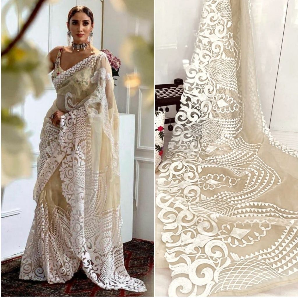 Embroidery Thread Chain Organza Saree With Blouse For Women - Cream - Shopaholics