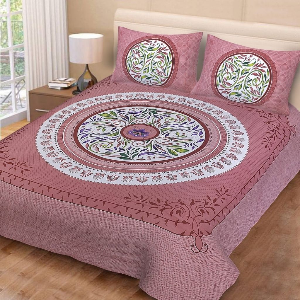 Jaipuri Prited Cotton Double Bedsheet With 2 Pillow Cover - White-Peach - Shopaholics