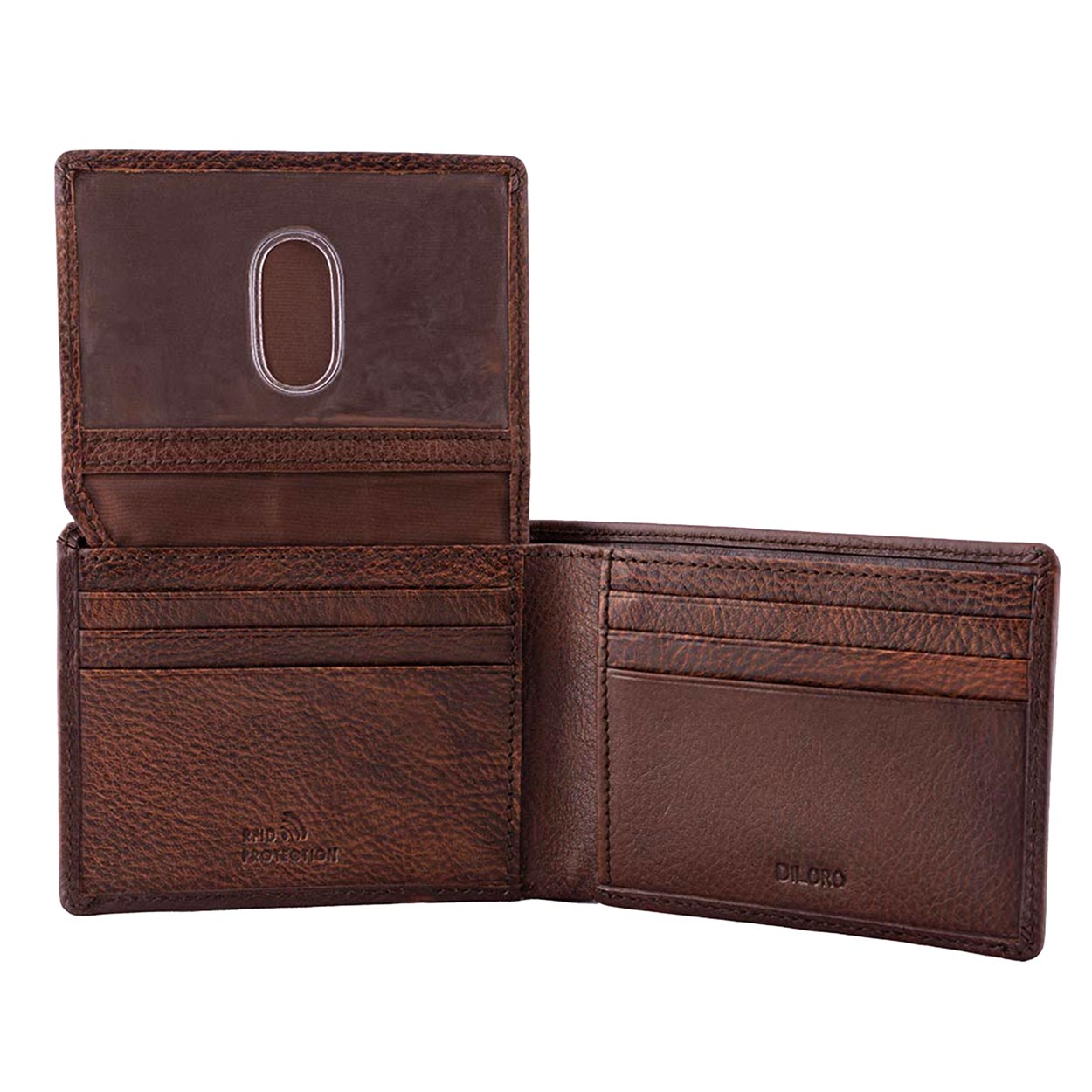 DiLoro Mens Slim Leather Wallet 2 ID Windows Gemini Brown ...