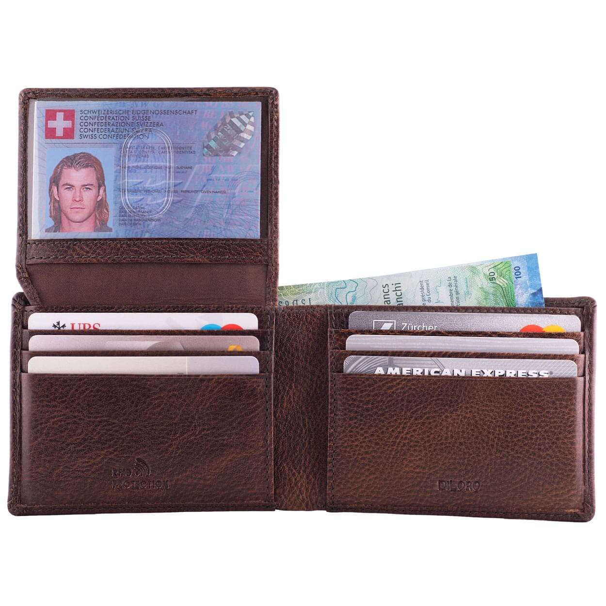 DiLoro Mens Slim Leather Wallet 2 ID Windows Gemini Brown ...