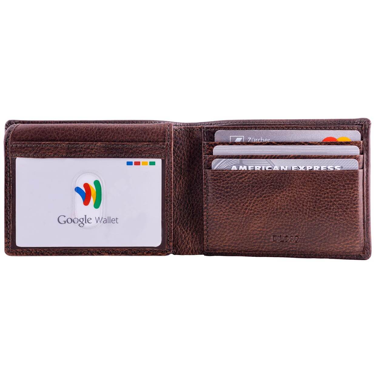 DiLoro Mens Slim Leather Wallet 2 ID Windows Gemini Brown ...