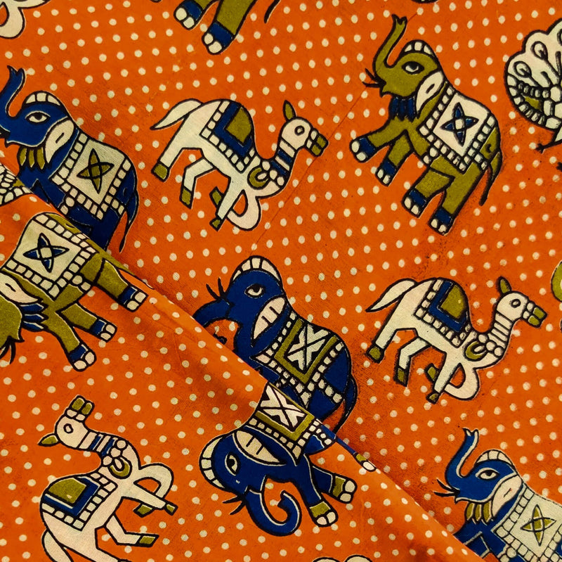 Kalamkari Silk Orange With Peacock Camel Elephant Print Fabric - Sanskruti