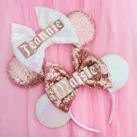 rose gold minnie mouse ears sequin ears with custom names personalised mouse ears uk