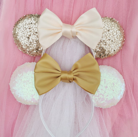 Sequin bridal ears sequin Minnie mouse ears with a satin bow and tulle veil Luby and Lola hen party ears uk