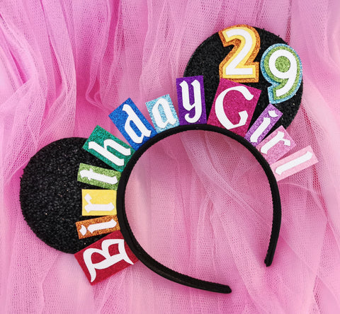 Customised disney birthday headband mickey Ears with rainbow lettering age 29