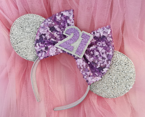 Sparkly silver Minnie mouse ears with lilac sequin bow and 30 on the centre perfect for Disney birthday trips 