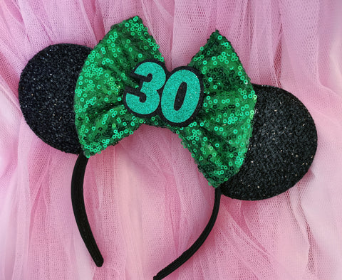 Wicked disney birthday ears 30th birthday party black ears with green sequin bow custom age ears 