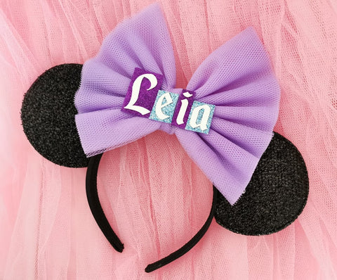 black minnie mouse ears with lilac net bow and personalised name