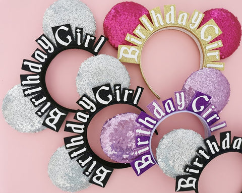 sequin minnie mouse ears with birthday girl wording across the headband made in the UK by Luby&Lola